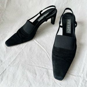 Vintage 90s Prevata Sloane Slingback Square Toe Black Suede Heels 7.5 Narrow